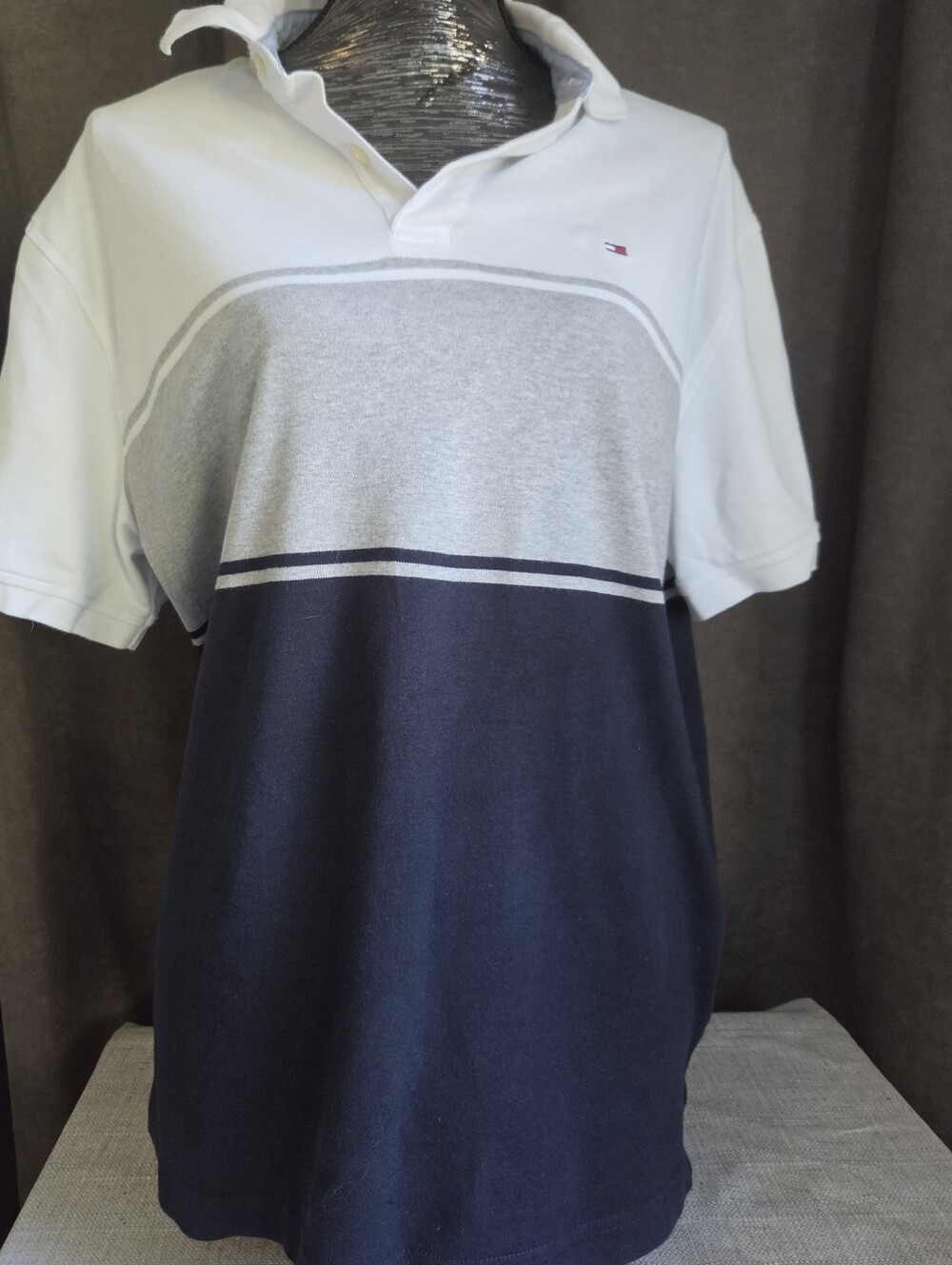 Tommy Hilfiger Men's White, Gray & Navy Stripe Polo
